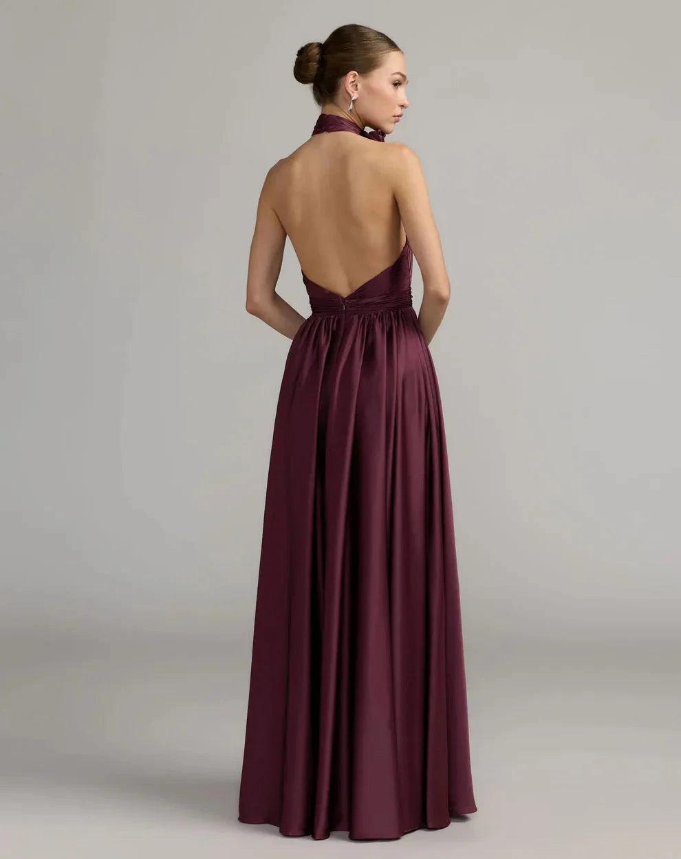 Romantic Voluminous Halter Neck Sleeveless Open Back Satin Maxi Evening Dress by LANQI DRESS