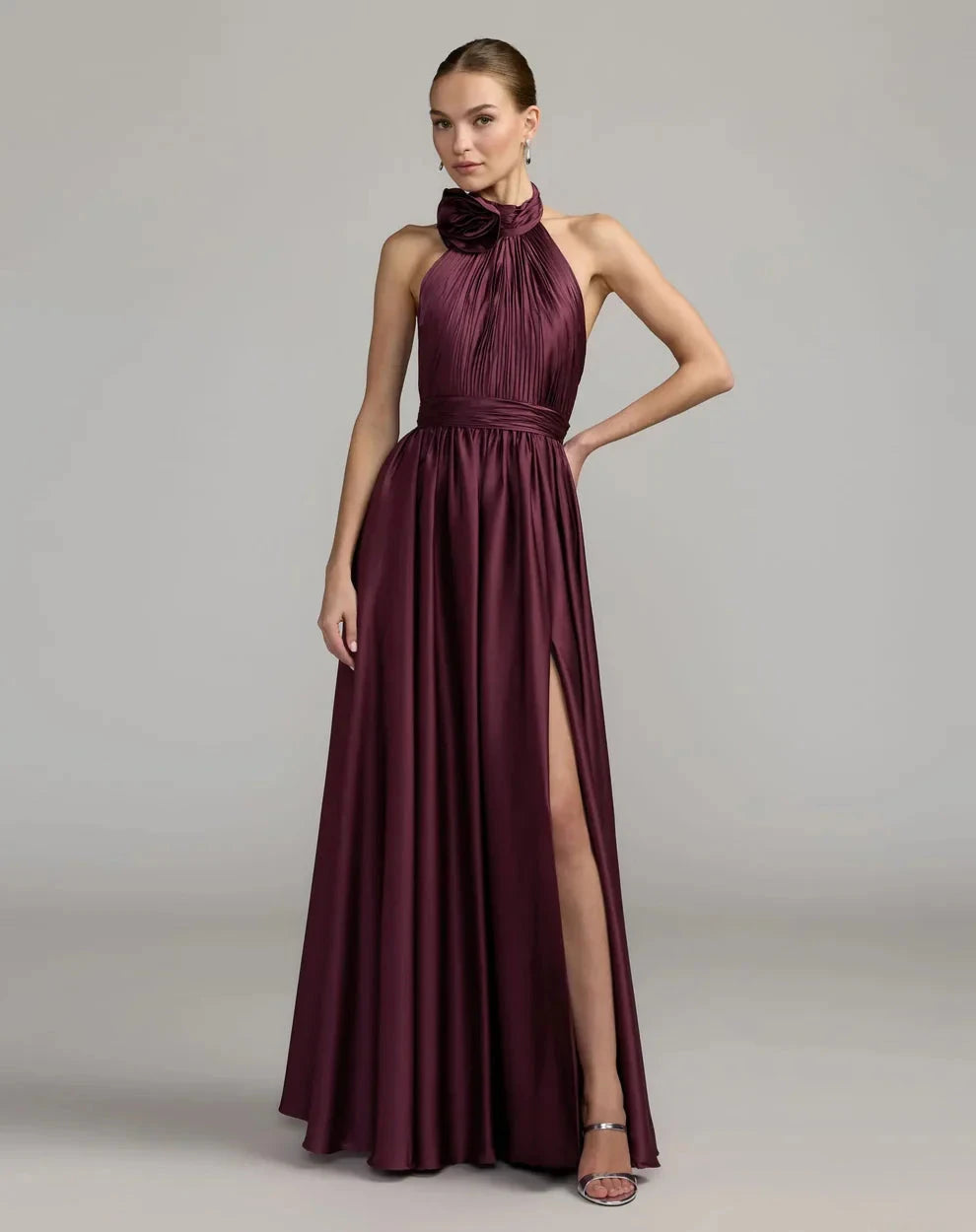 Romantic Voluminous Halter Neck Sleeveless Open Back Satin Maxi Evening Dress by LANQI DRESS