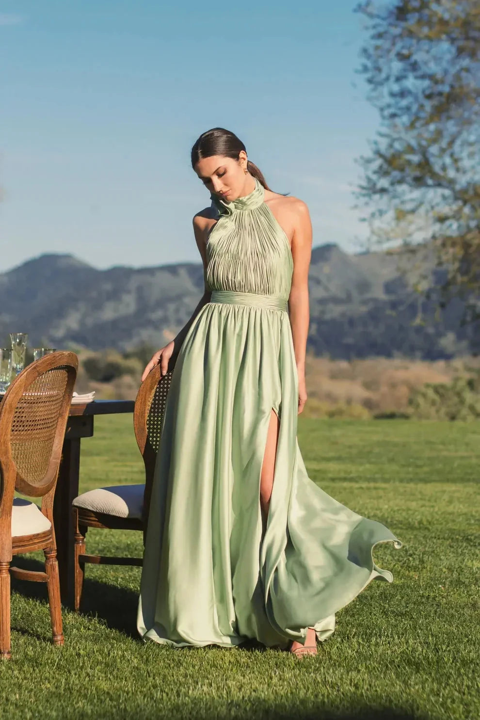 Romantic Voluminous Halter Neck Sleeveless Open Back Satin Maxi Evening Dress by LANQI DRESS