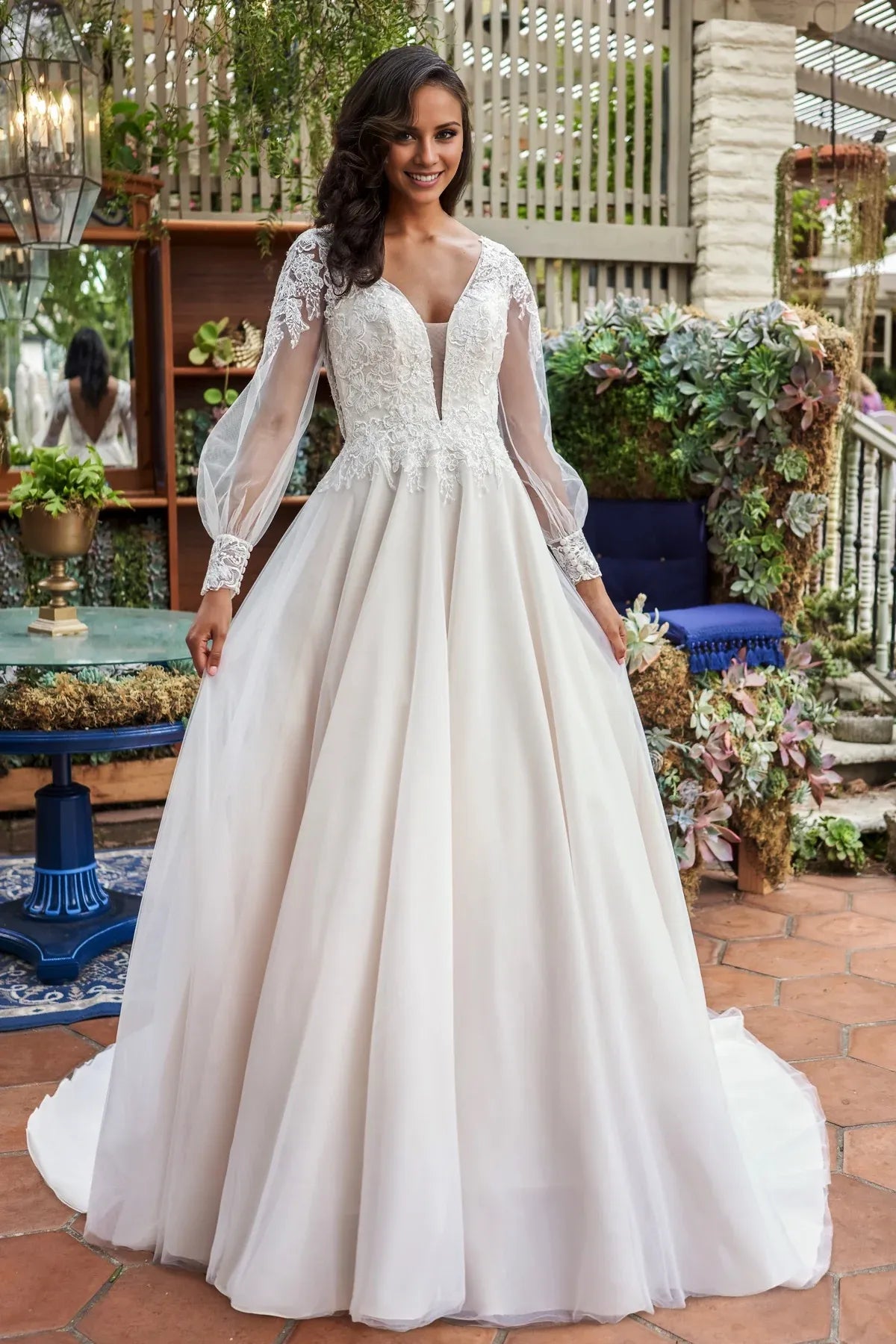 V-Neck Puff Sleeve Floor-Length Wedding Dress - Yihuiw by Yihuiw