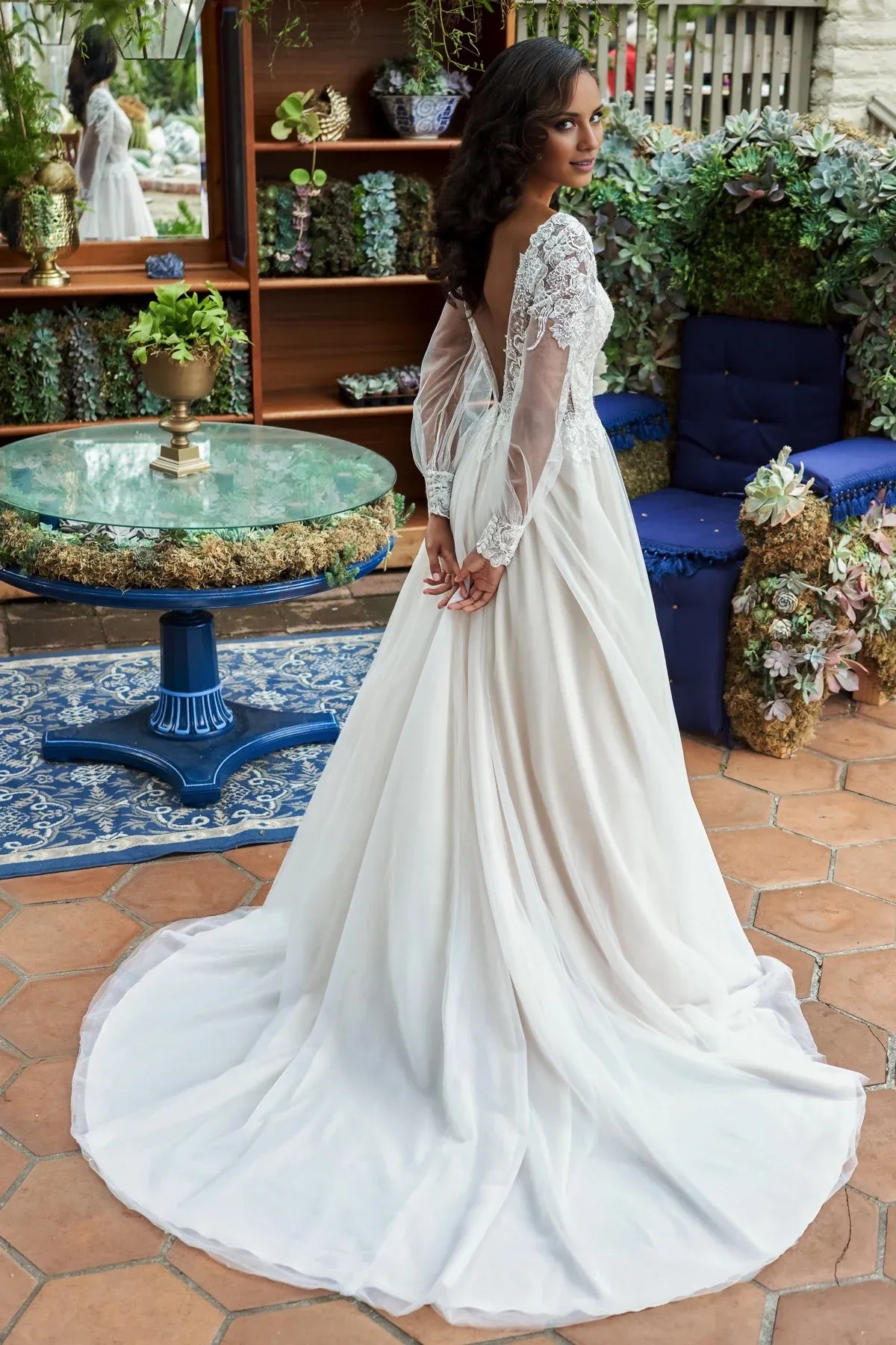 V-Neck Puff Sleeve Floor-Length Wedding Dress - Yihuiw by Yihuiw