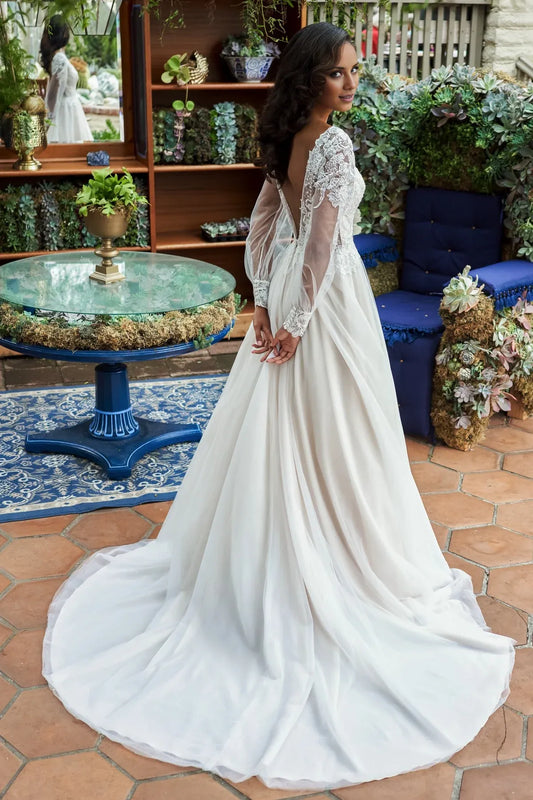 V-Neck Puff Sleeve Floor-Length Wedding Dress - Yihuiw by Yihuiw