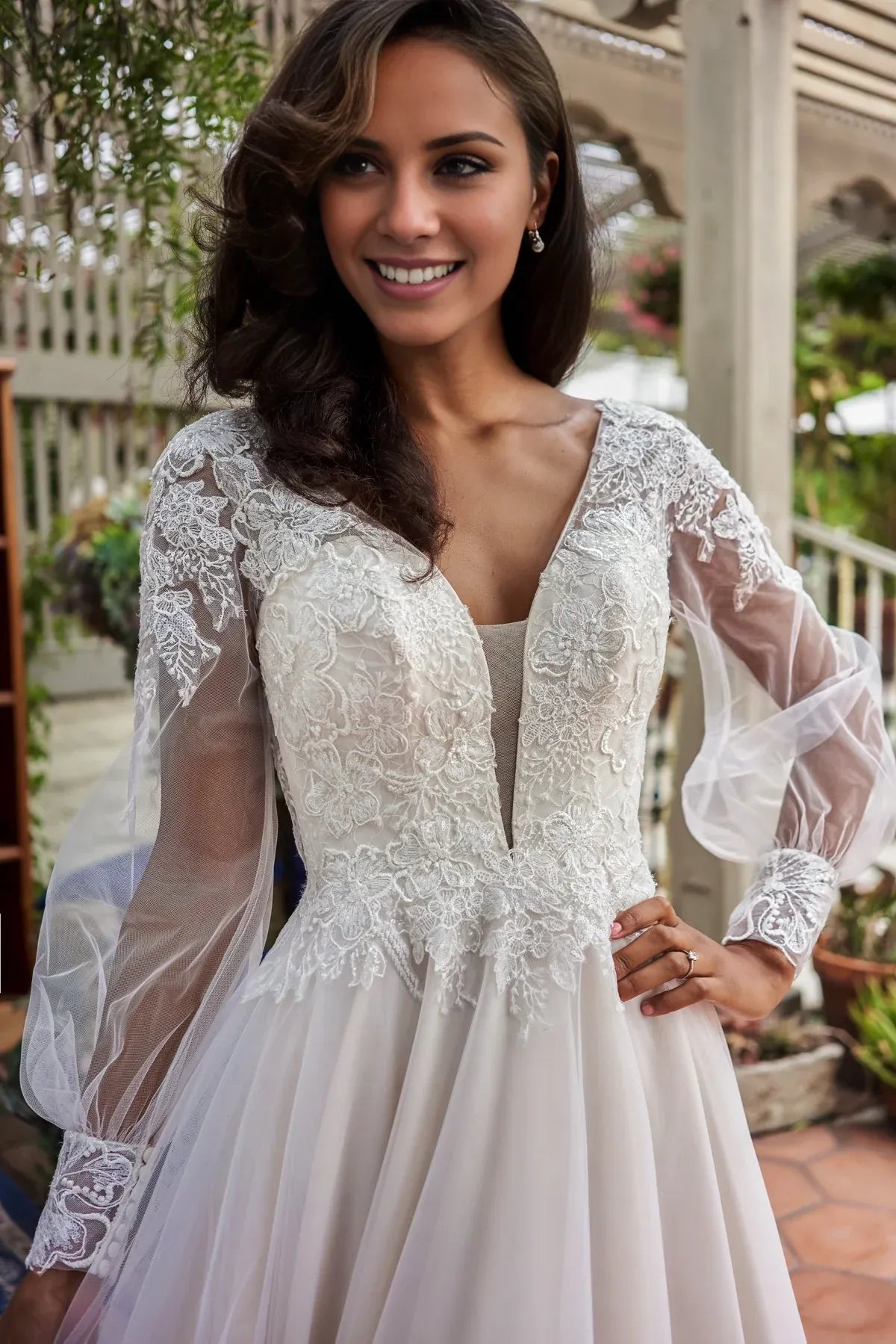 V-Neck Puff Sleeve Floor-Length Wedding Dress - Yihuiw by Yihuiw