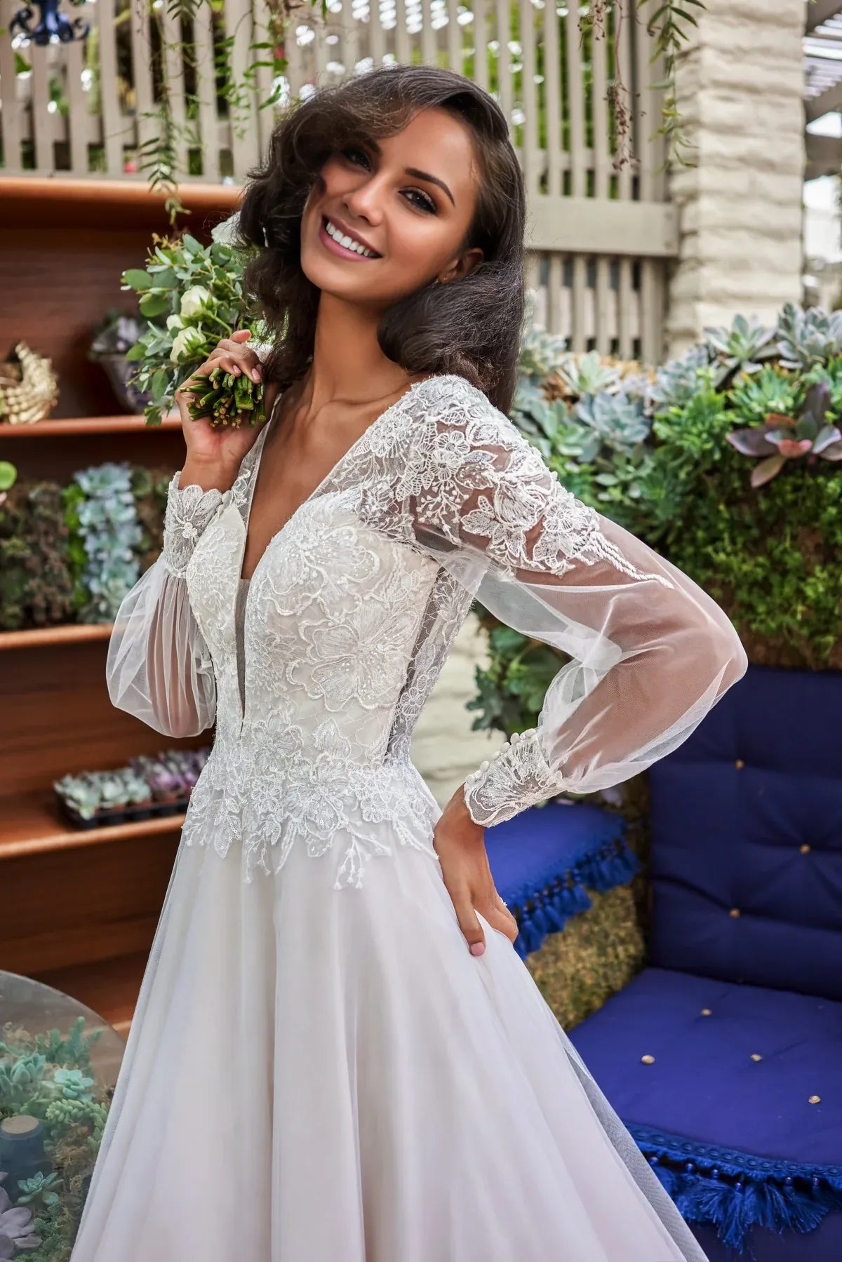 V-Neck Puff Sleeve Floor-Length Wedding Dress - Yihuiw by Yihuiw