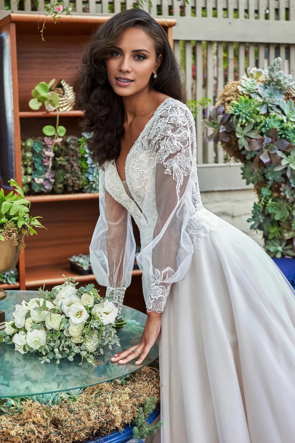V-Neck Puff Sleeve Floor-Length Wedding Dress - Yihuiw by Yihuiw