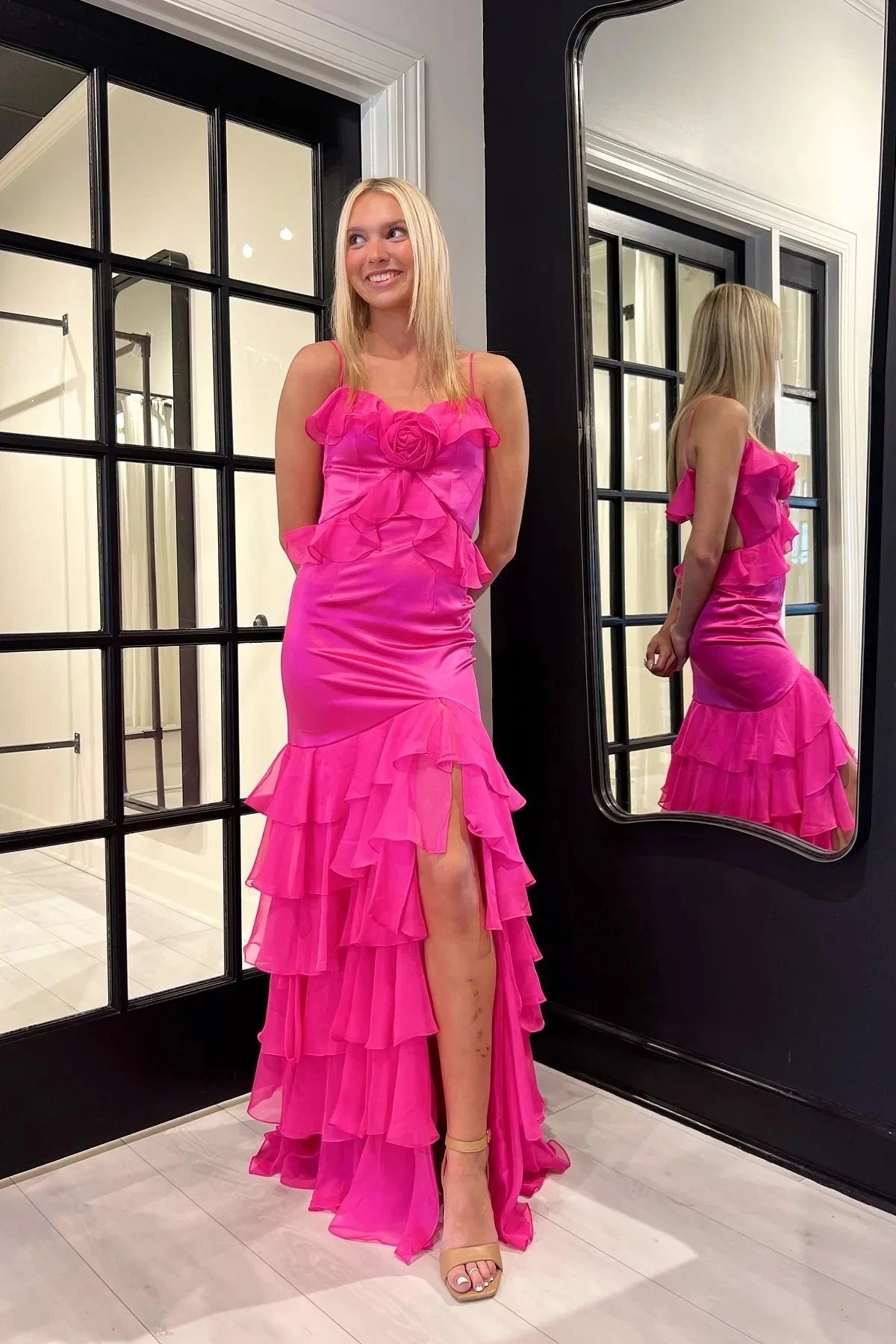 Romantic Satin Spaghetti Strap Sweetheart Neck 3D Floral Ruffle Mermaid Prom Dress with High Slit & Train by JiMiss Dresses