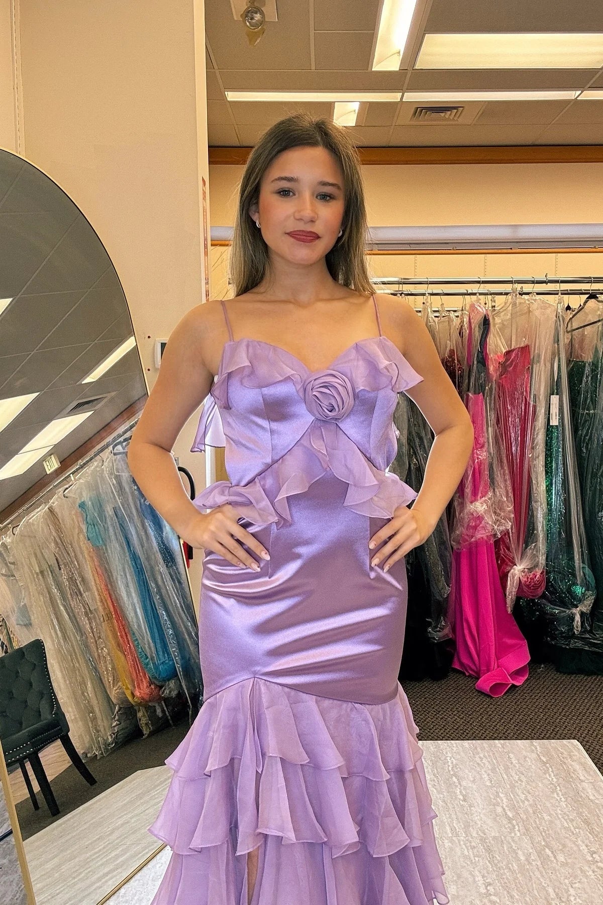Romantic Satin Spaghetti Strap Sweetheart Neck 3D Floral Ruffle Mermaid Prom Dress with High Slit & Train by JiMiss Dresses
