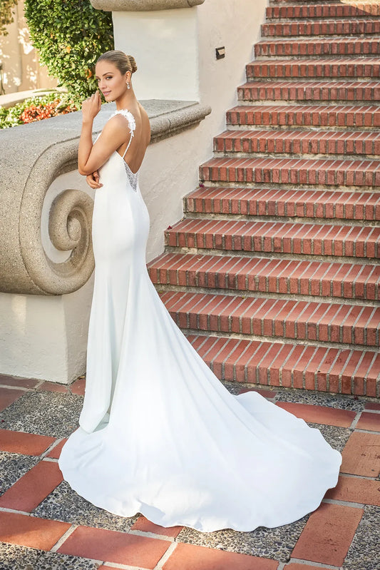 Mermaid Spaghetti Strap Crepe Open Back Train Wedding Dress - Yihuiw by Yihuiw