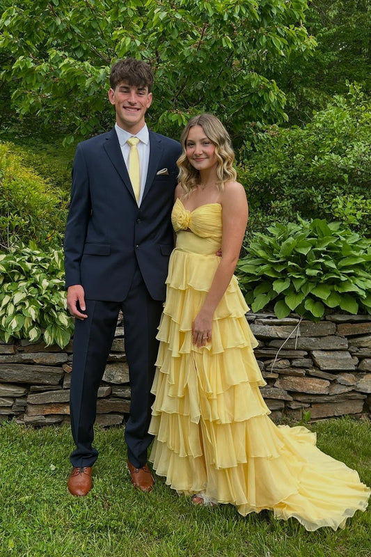 Romantic Strapless Sweetheart Tiered Ruffle Chiffon Prom Dress with Cutout & Train by JiMiss Dresses