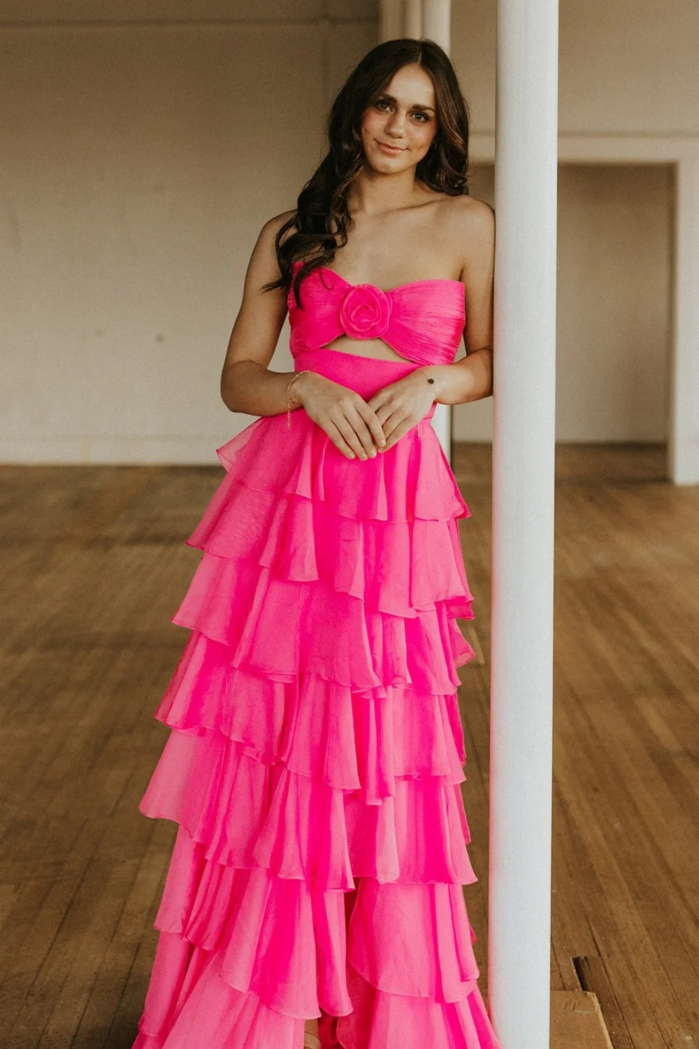 Romantic Strapless Sweetheart Tiered Ruffle Chiffon Prom Dress with Cutout & Train by JiMiss Dresses