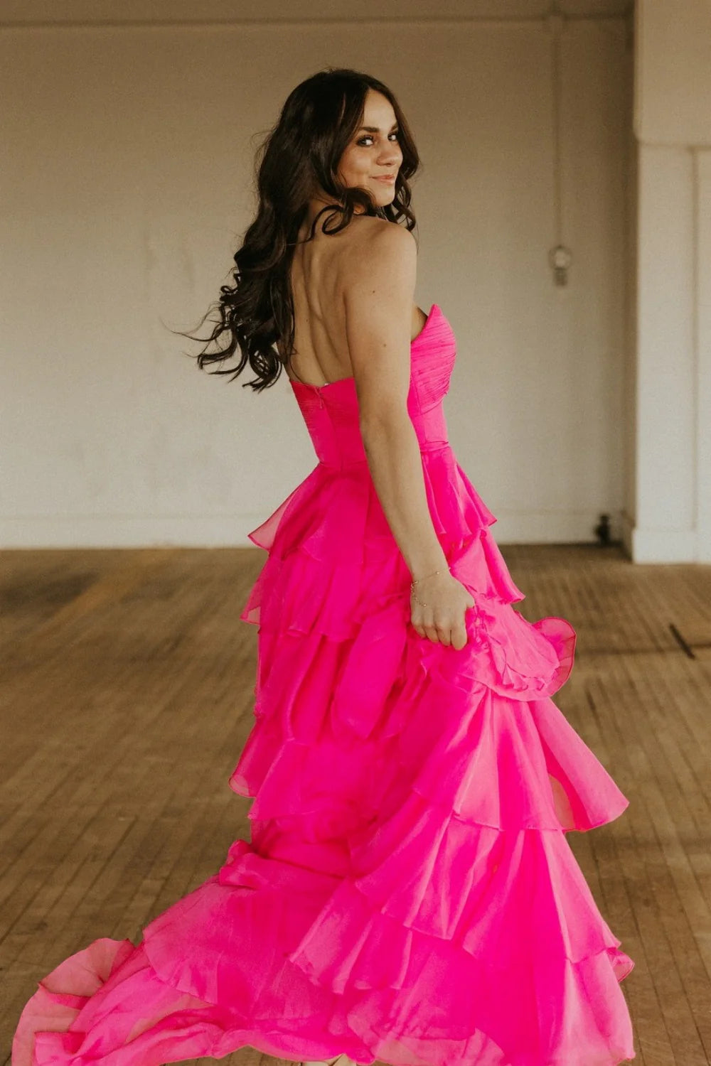 Romantic Strapless Sweetheart Tiered Ruffle Chiffon Prom Dress with Cutout & Train by JiMiss Dresses