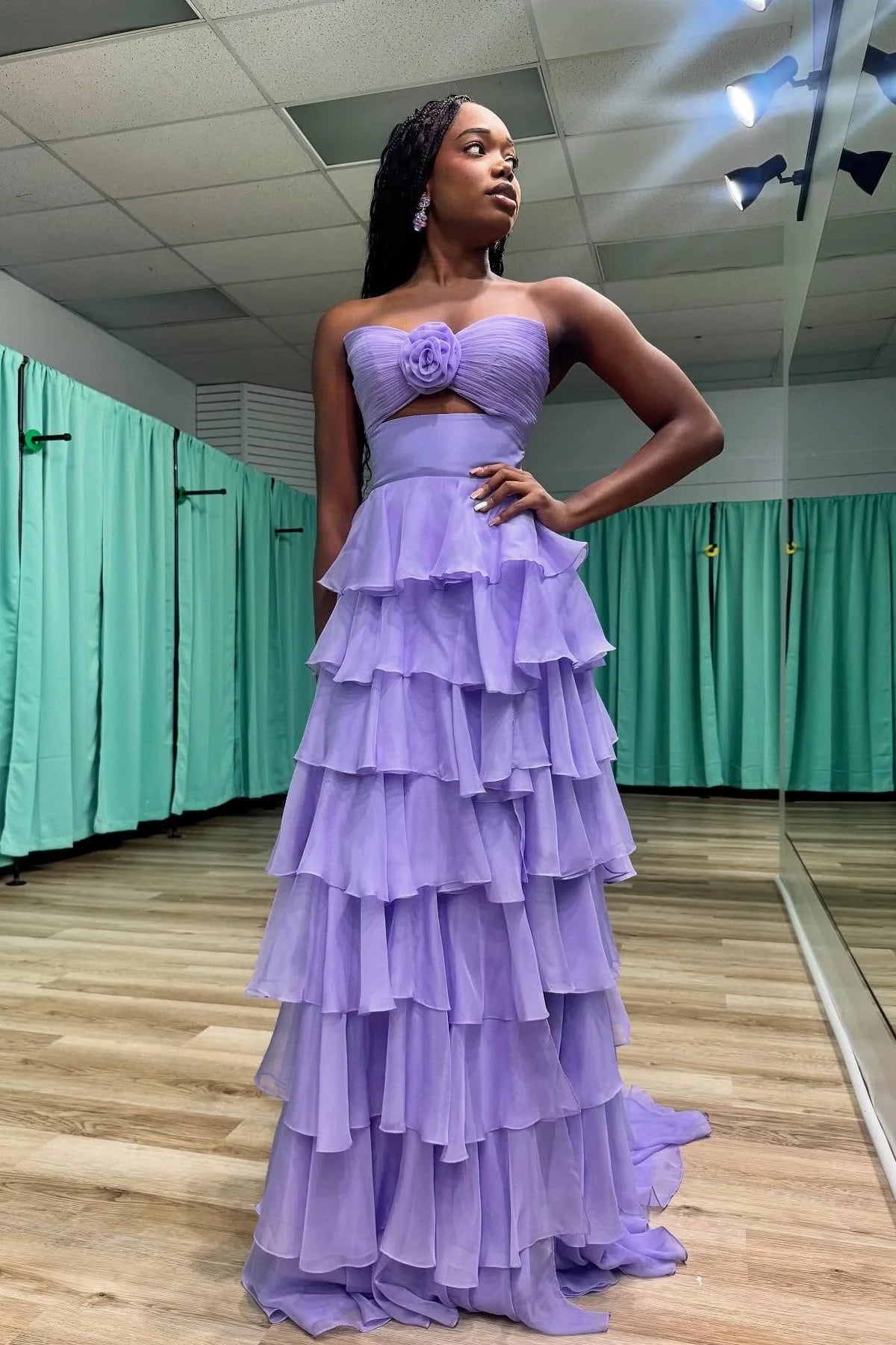 Romantic Strapless Sweetheart Tiered Ruffle Chiffon Prom Dress with Cutout & Train by JiMiss Dresses