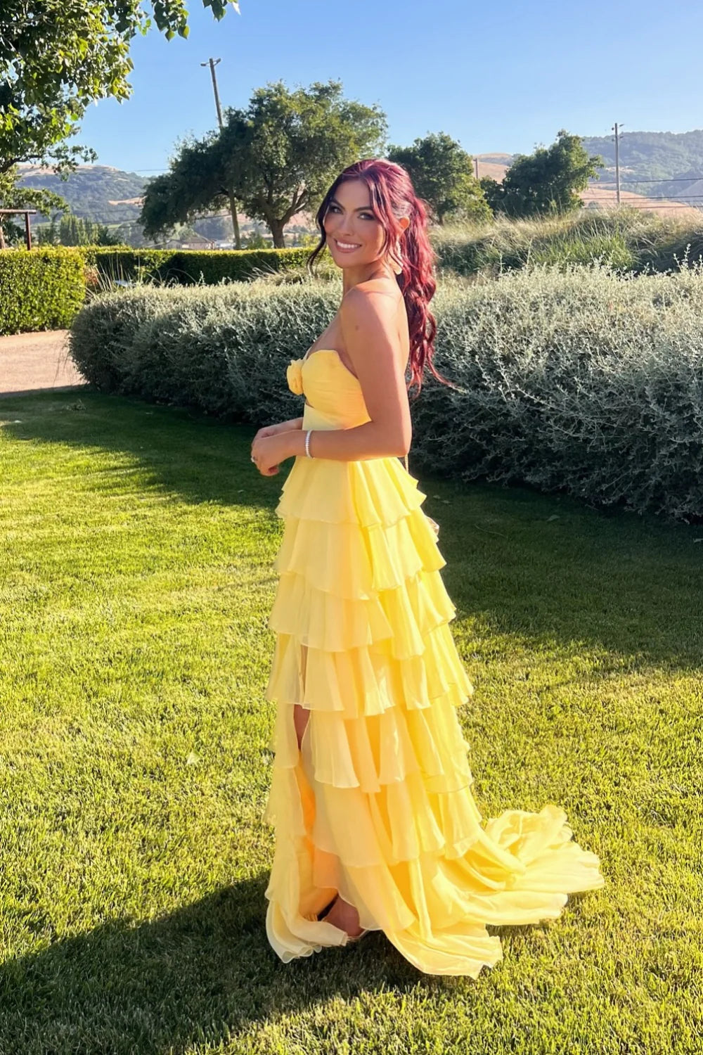 Romantic Strapless Sweetheart Tiered Ruffle Chiffon Prom Dress with Cutout & Train by JiMiss Dresses