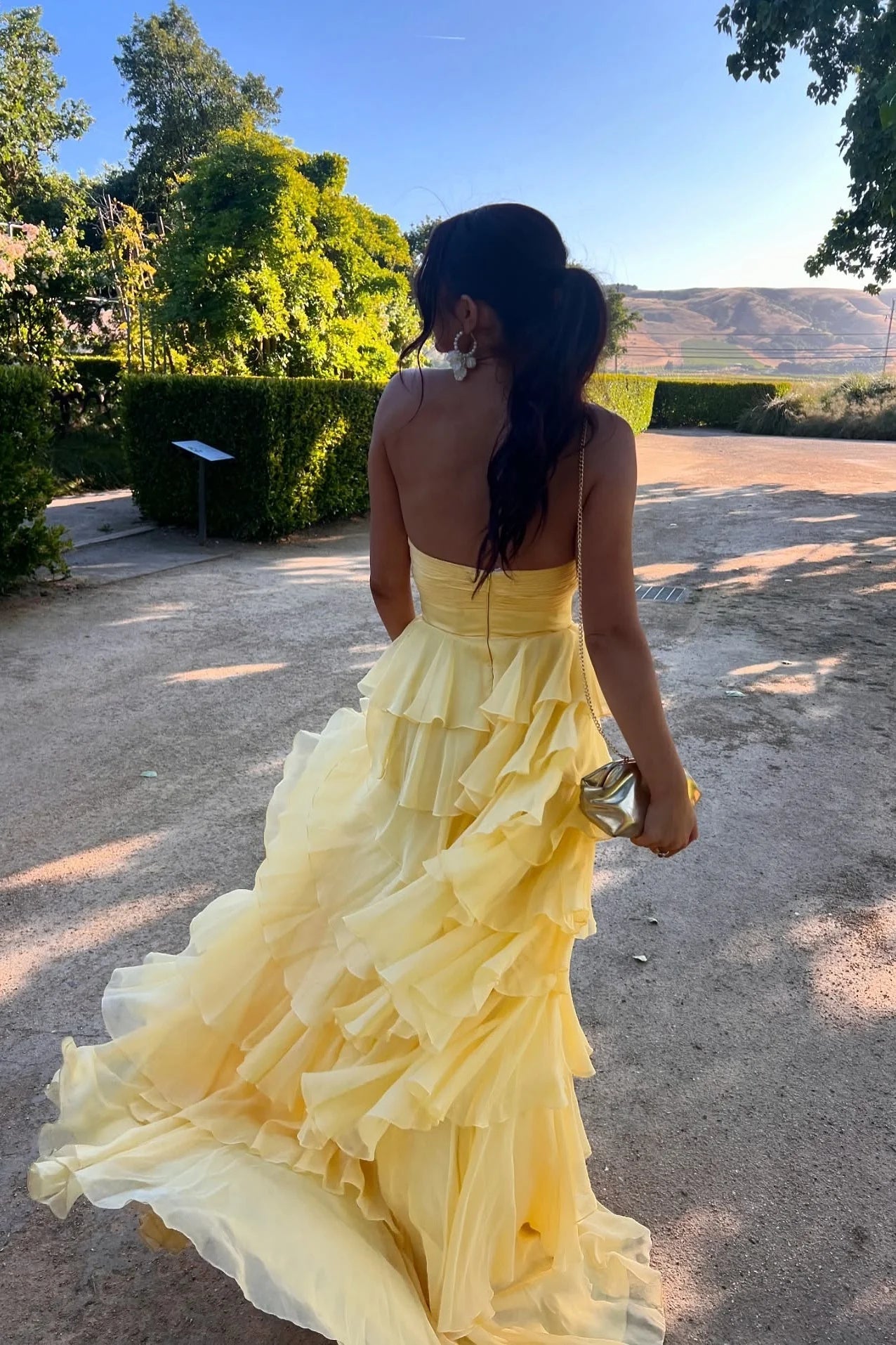 Romantic Strapless Sweetheart Tiered Ruffle Chiffon Prom Dress with Cutout & Train by JiMiss Dresses