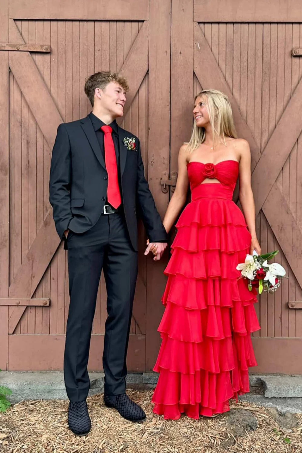 Romantic Strapless Sweetheart Tiered Ruffle Chiffon Prom Dress with Cutout & Train by JiMiss Dresses