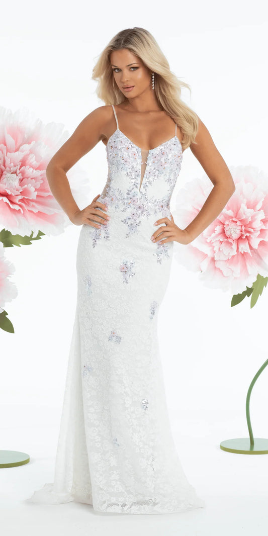 Romantic lace mermaid spaghetti strap V neck floor length evening dress with beaded floral applique, sheer side panels and train