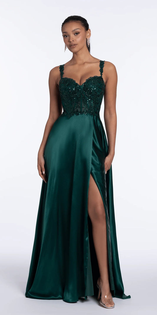 Romantic satin lace spaghetti strap sweetheart neck floor length evening dress with beaded floral applique, sheer corset back and high slit