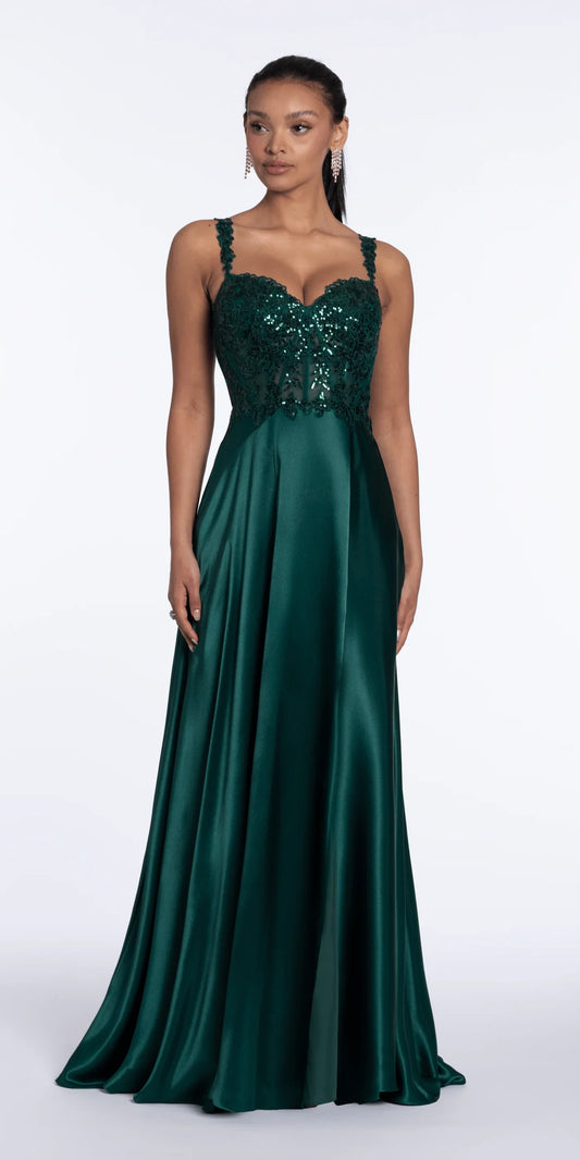 Romantic satin lace spaghetti strap sweetheart neck floor length evening dress with beaded floral applique, sheer corset back and high slit