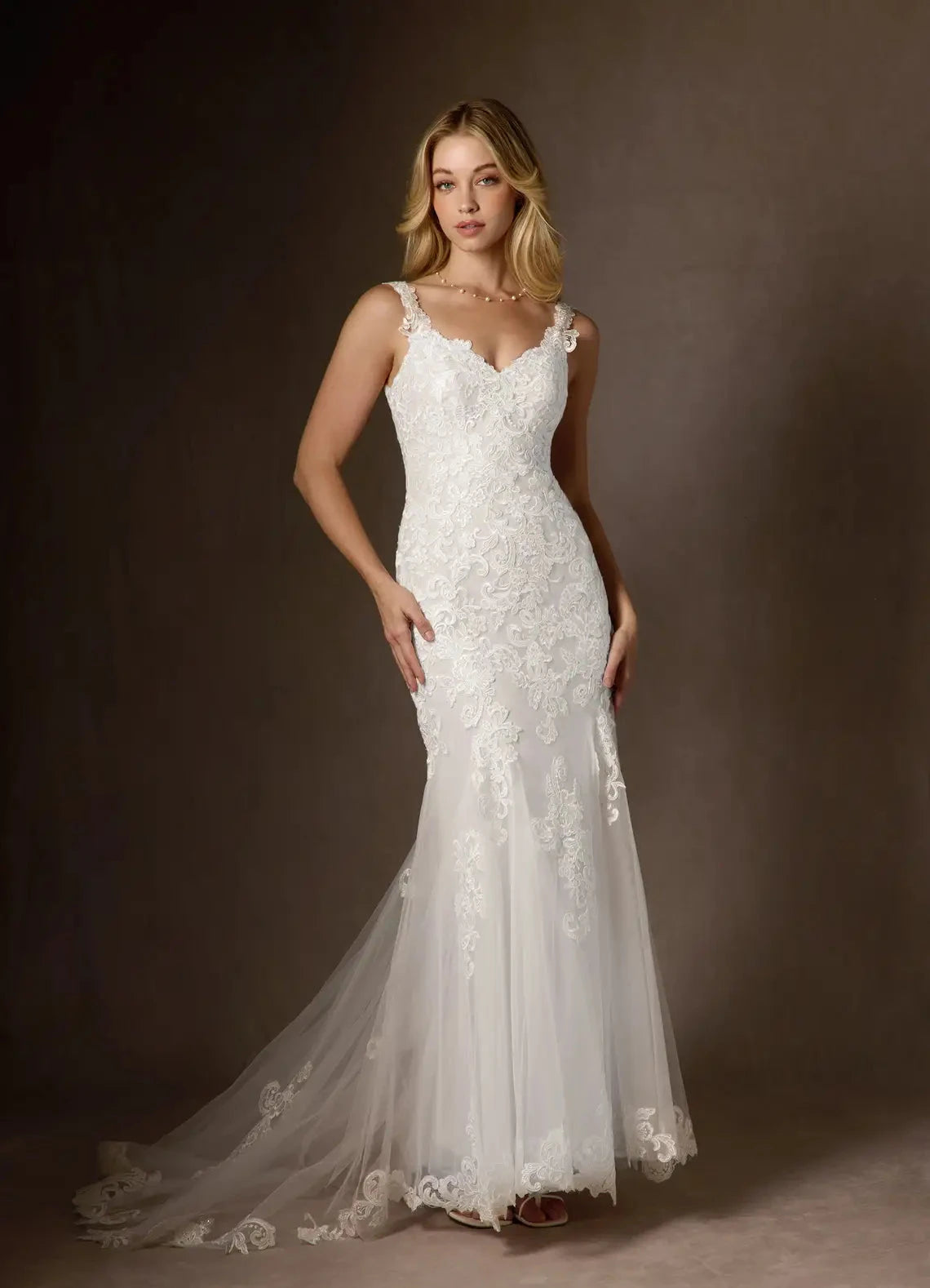 Romantic lace mermaid sweetheart spaghetti strap low-back chapel train studio wedding dress by YiHuiw