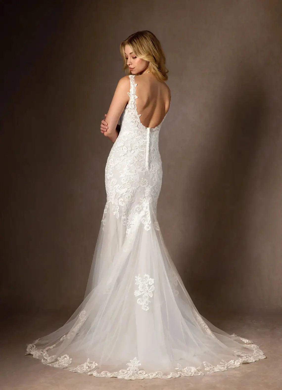 Romantic lace mermaid sweetheart spaghetti strap low-back chapel train studio wedding dress by YiHuiw