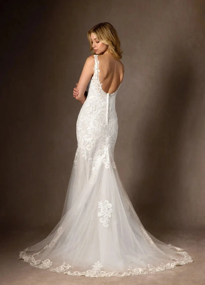 Romantic lace mermaid sweetheart spaghetti strap low-back chapel train studio wedding dress by YiHuiw