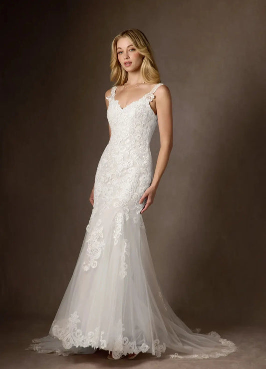 Romantic lace mermaid sweetheart spaghetti strap low-back chapel train studio wedding dress by YiHuiw