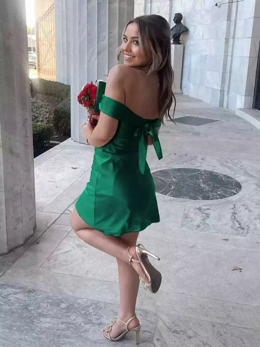 Romantic satin A-line silhouette slim fit off shoulder sleeveless lace up back Homecoming Dresses