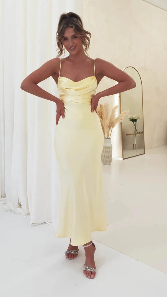 Romantic satin sheath cowl spaghetti strap tie-back midi evening dress by YiHuiw