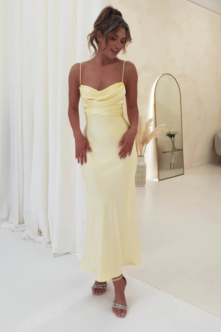 Romantic satin sheath cowl spaghetti strap tie-back midi evening dress by YiHuiw