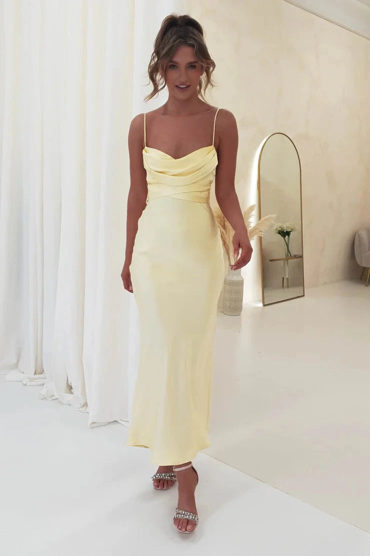Romantic satin sheath cowl spaghetti strap tie-back midi evening dress by YiHuiw