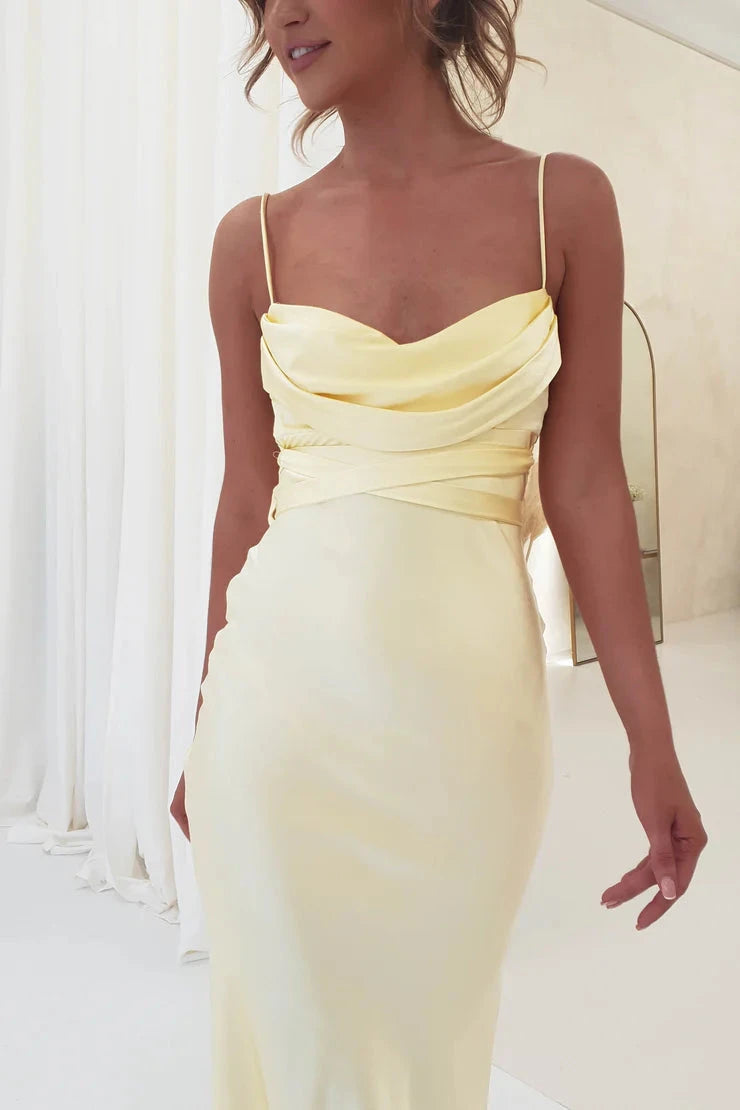 Romantic satin sheath cowl spaghetti strap tie-back midi evening dress by YiHuiw