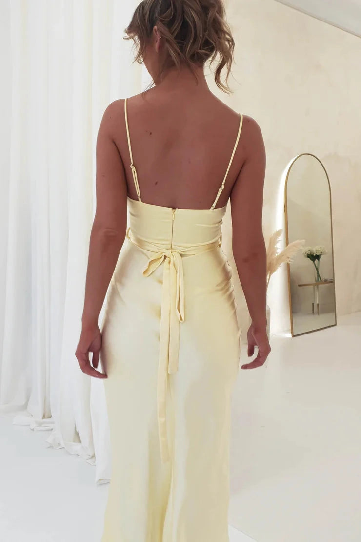 Romantic satin sheath cowl spaghetti strap tie-back midi evening dress by YiHuiw