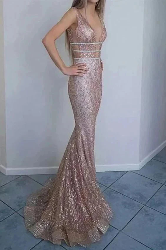 Rose gold sequined dress with deep V-strap and hollow waist strap, suitable for dinners, dances, etc by YiHuiw