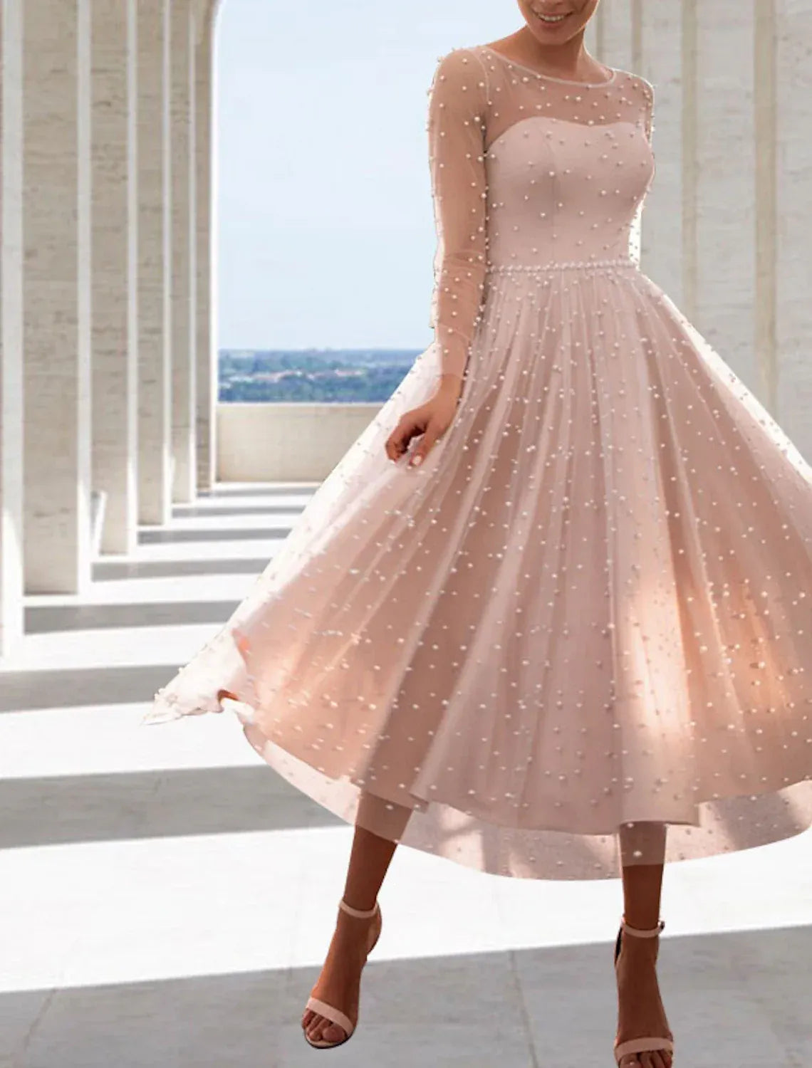 Tulle Long Sleeve Beaded Midi Wedding Dress - Yihuiw by Yihuiw