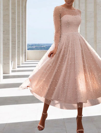 Tulle Long Sleeve Beaded Midi Wedding Dress - Yihuiw by Yihuiw