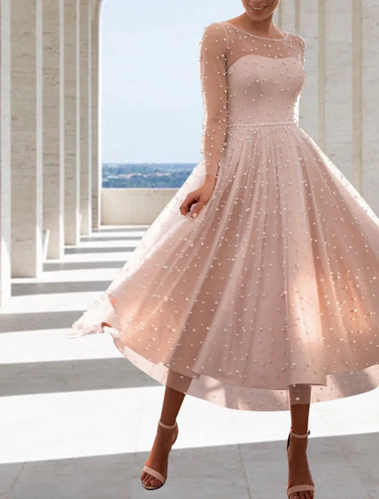 Tulle Long Sleeve Beaded Midi Wedding Dress - Yihuiw by Yihuiw