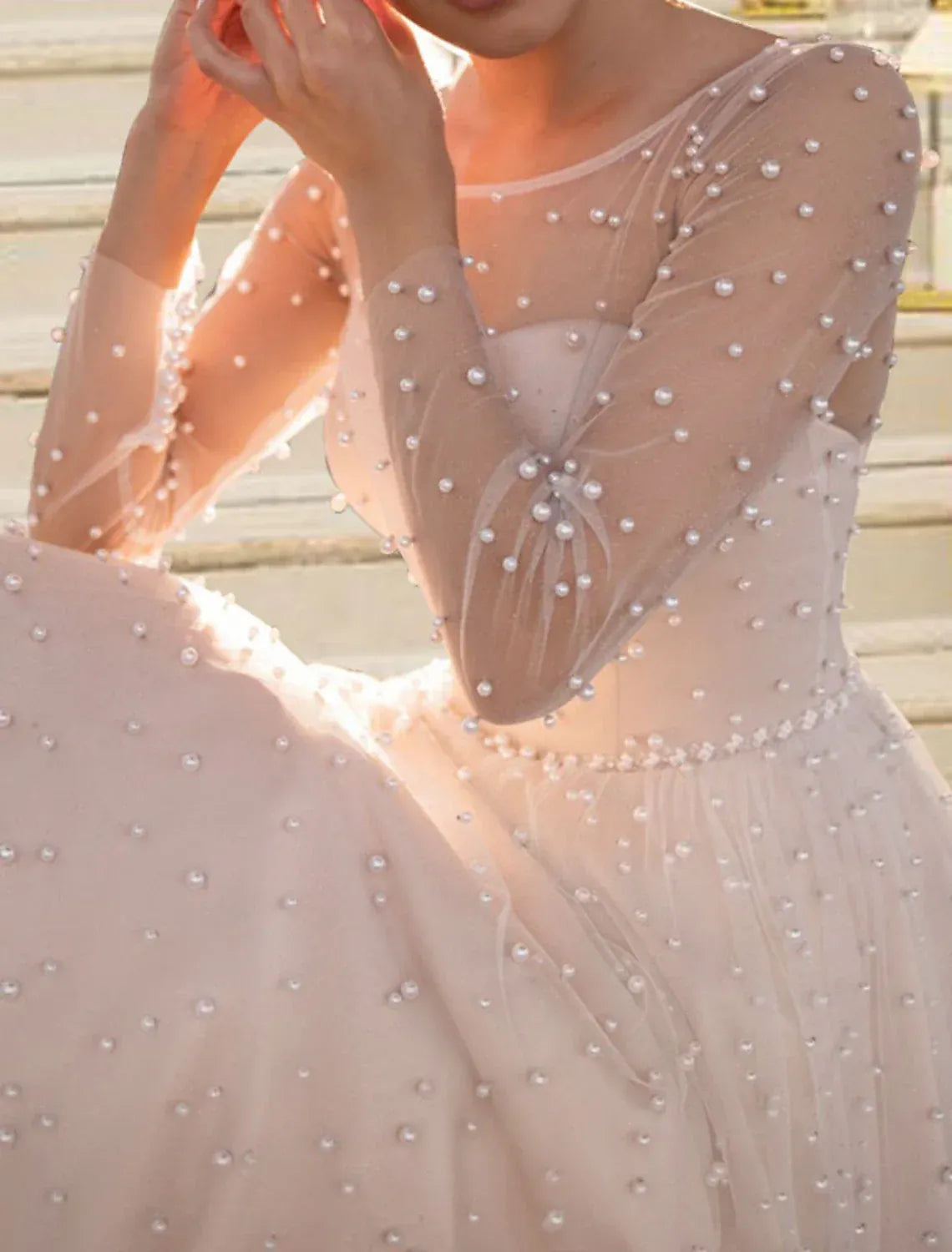 Tulle Long Sleeve Beaded Midi Wedding Dress - Yihuiw by Yihuiw