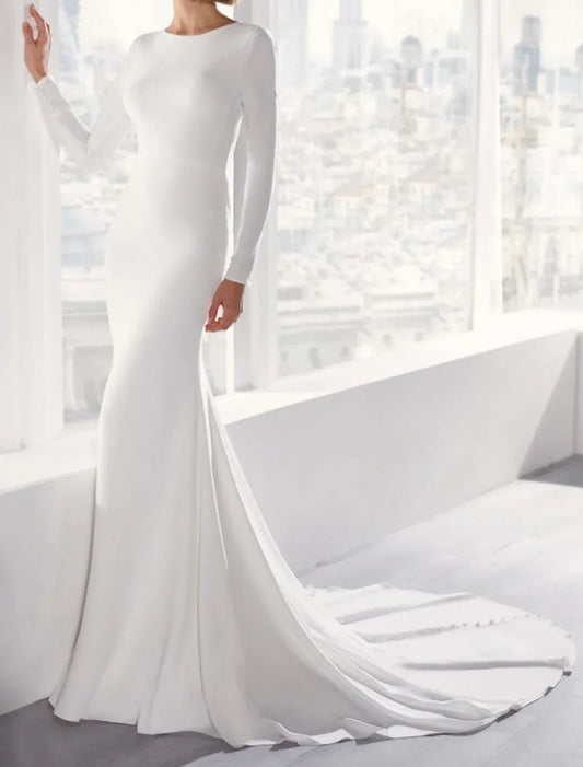 Mermaid Crepe Long Sleeve Open Back Train Wedding Dress - Yihuiw by Yihuiw