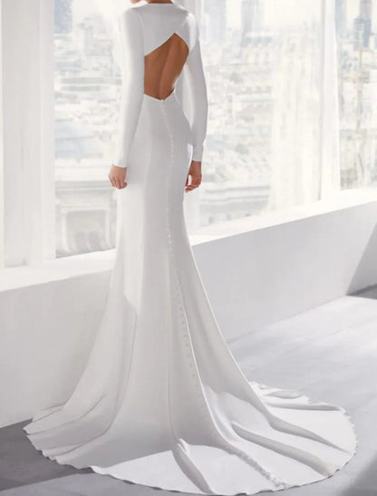 Mermaid Crepe Long Sleeve Open Back Train Wedding Dress - Yihuiw by Yihuiw