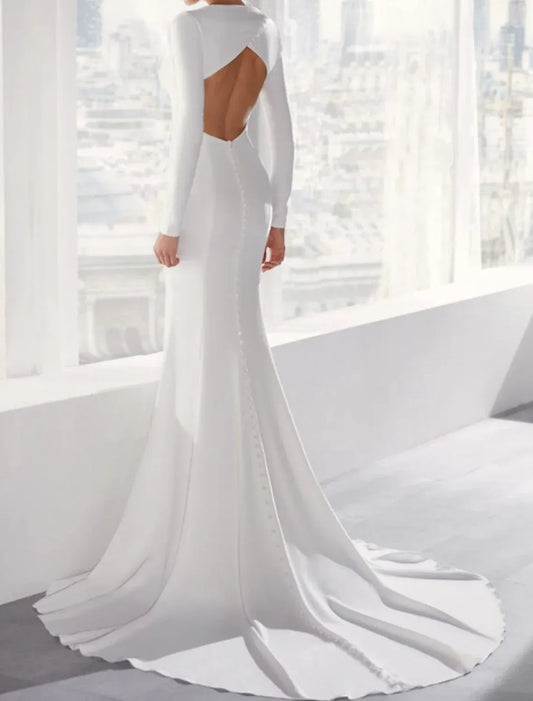 Mermaid Crepe Long Sleeve Open Back Train Wedding Dress - Yihuiw by Yihuiw