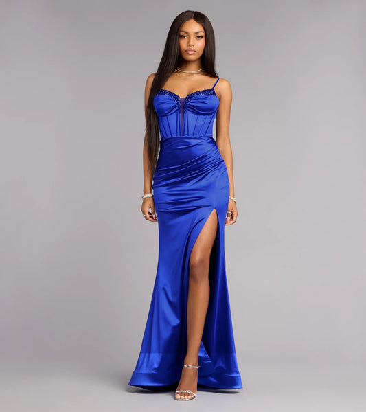 Blue Mermaid Spaghetti Strap Lace-Up Back High Slit Floor-Length Wedding Dress - Yihuiw by Yihuiw