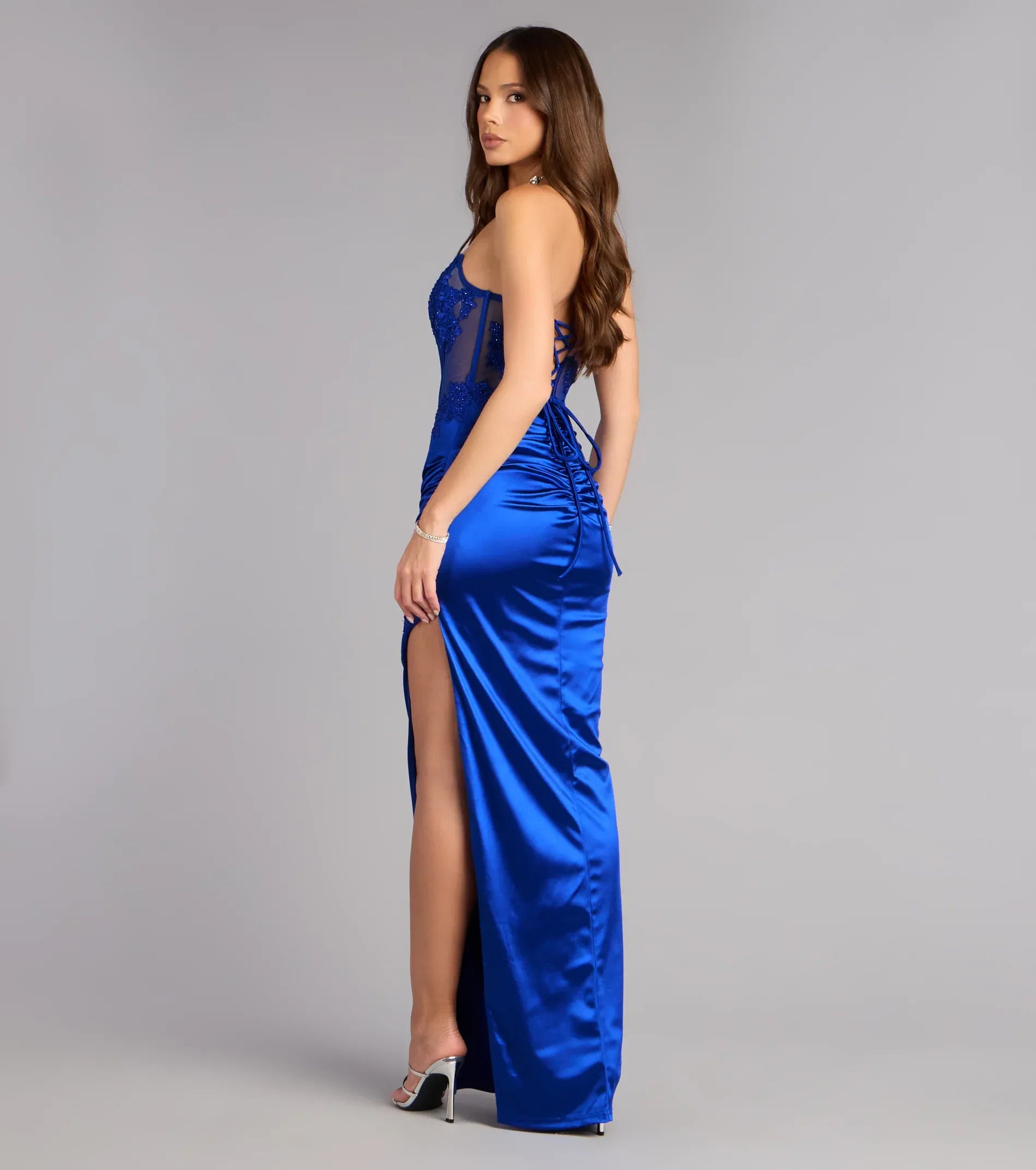 Blue Mermaid Strapless Lace Lace-Up Back High Slit Floor-Length Wedding Dress - Yihuiw by Yihuiw