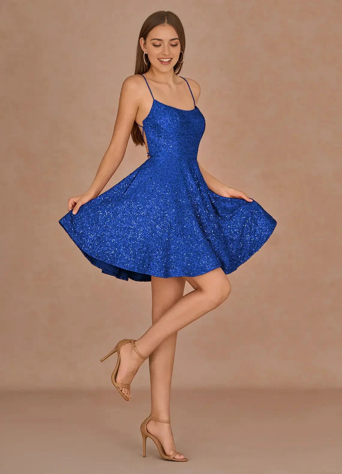 Royal Blue Sequin Mini Dress with Criss - Cross Back Sequorae Royal Blue Mini Dress Homecoming Dresses by YiHuiw