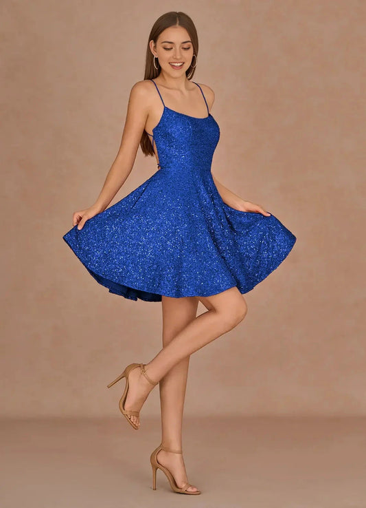 Royal Blue Sequin Mini Dress with Criss - Cross Back Sequorae Royal Blue Mini Dress Homecoming Dresses by YiHuiw