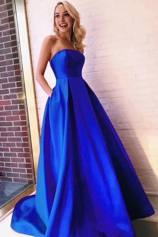 Royal Blue Strapless Satin Ball Gown with Pockets and Train Strapless Royal Blue A Line Prom Dress, Formal Evening Gown Party Dresses by YiHuiw