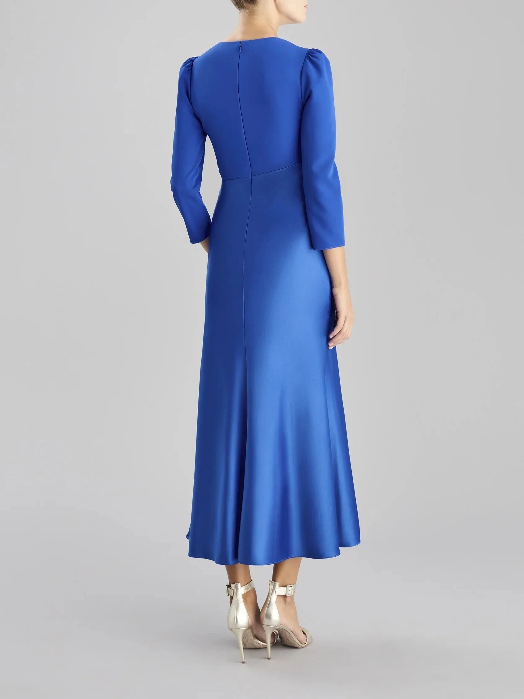 Royal Blue Wrap Midi Dress Tie Belt Occasion Dress A-line crepe party dress with V-neck and three-quarter sleeves Mother of the Bride Dresses by YiHuiw