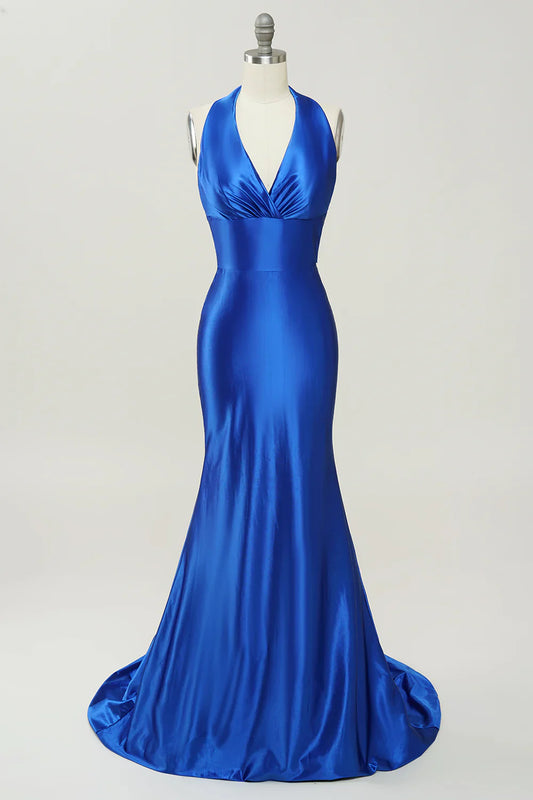 Royal Blue Satin Mermaid Prom Dress with Deep Halter Neck – Elegant Backless Formal Evening Gown