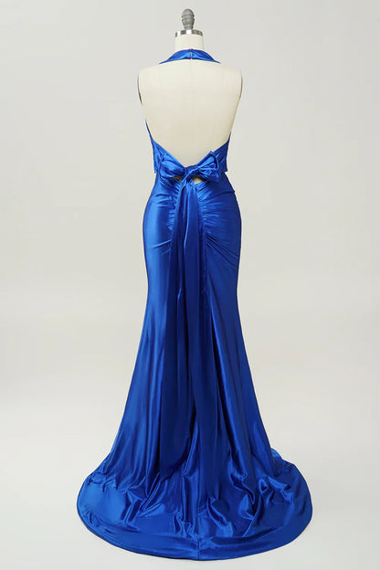 Royal Blue Satin Mermaid Prom Dress with Deep Halter Neck – Elegant Backless Formal Evening Gown