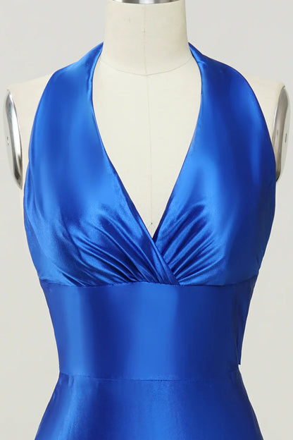 Royal Blue Satin Mermaid Prom Dress with Deep Halter Neck – Elegant Backless Formal Evening Gown