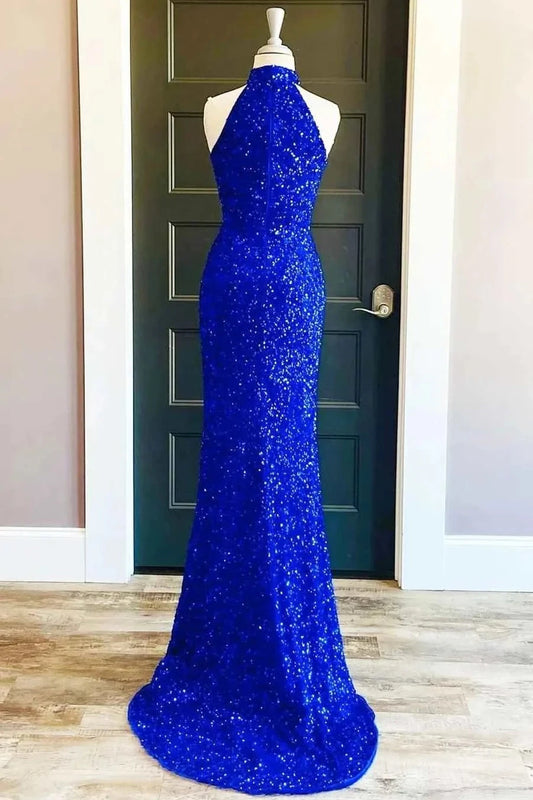 Royal Blue Sequin Halter Long Formal Dress with Slit Prom Dresses simple gentle atmospheric and unique desi Bring summer colors to enhance whiteness by YiHuiw
